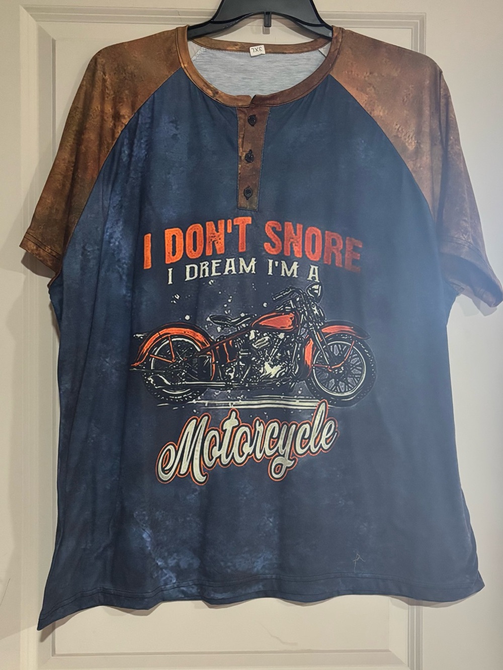 Men's Navy and Brown Motorcycle Graphic Henley Shirt - I Don't Snore